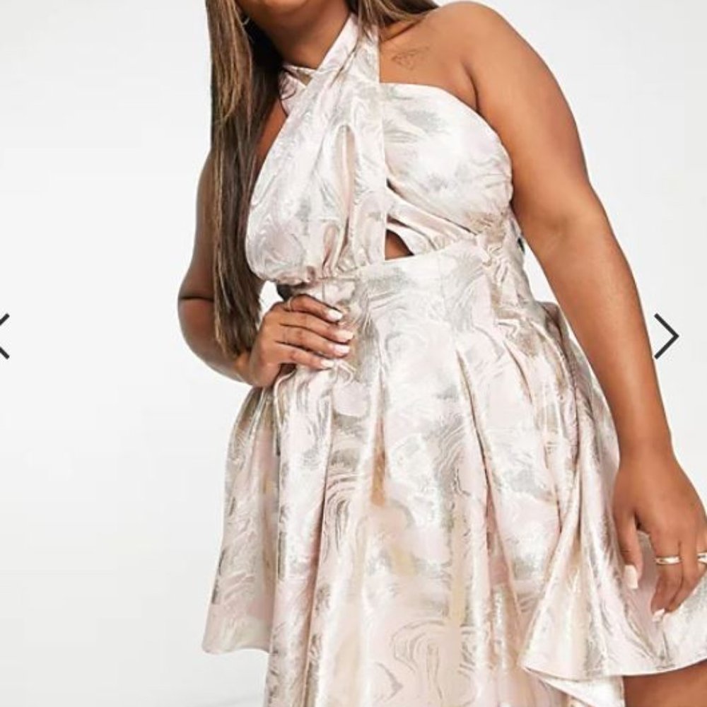 ASOS LUXE Curve halter neck mini jacquard swing dress in pink & silver Plus 22